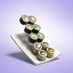 sushi rolls served on a plate 3d render on gradient