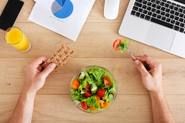 Healthy business lunch top view at table.