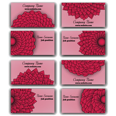 Set of Vivid Red Vector Business Cards With Chrysanthemums. Eight Visiting Cards.
