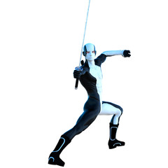 a young strong man in a white and black super suit. He stands in the protection position. In his right hand an iron sword