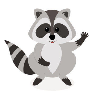 Funny raccoon waving, isolated on white background. Adorable vector raccoon. Cute cartoon pet. 