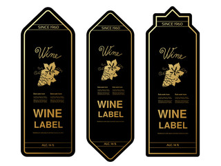 Vector black golden wine labels with grapes on white background. Rectangle frames on wine bottle. Decorative stickers.