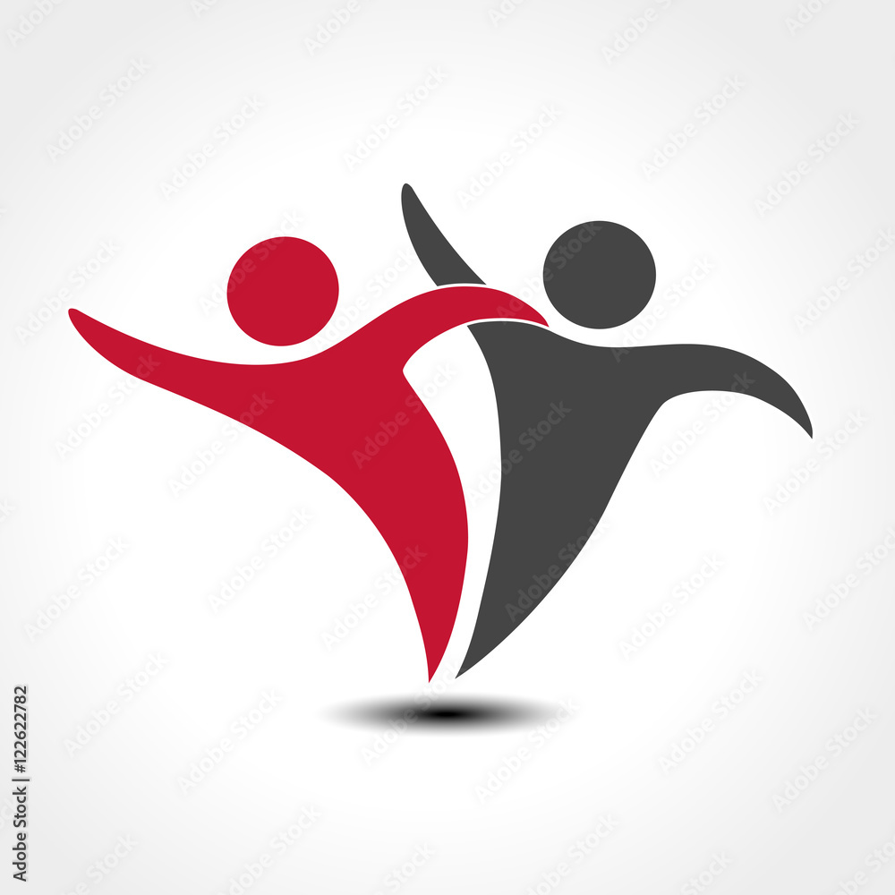 Wall mural Vector together joined people icon. Red and grey community symbol. Human sign of two partners. Silhouttes of body with transparency shadow. Symbol of succes.