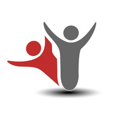 Vector together joined people icon. Red and grey community symbol. Human sign of two partners. Silhouttes of body with transparency shadow. Symbol of succes.