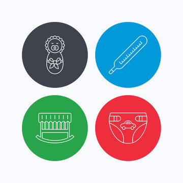 Newborn, diapers and thermometer icons.
