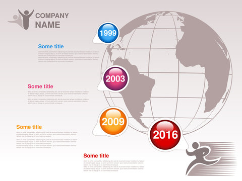 Vector timeline. Infographic template for company. Timeline with colorful milestones - blue, magenta, orange, red. Pointer of individual years. Graphic design with globe. Profile of company.