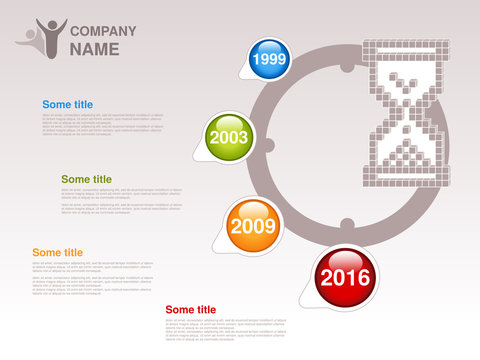 Vector timeline. Infographic template for company. Timeline with colorful milestones - blue, green, orange, red. Pointer of individual years. Graphic design with clock, hourglass. Profile of company.