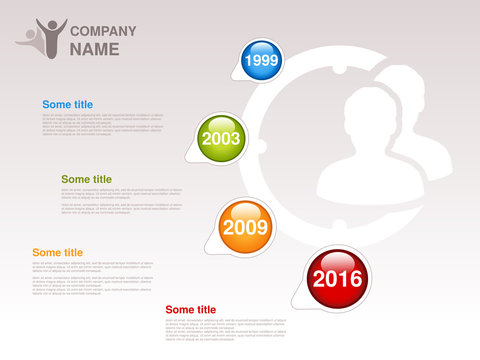 Vector timeline. Infographic template for company. Timeline with colorful milestones - blue, green, orange, red. Pointer of individual years. Graphic design with clock and silhouettes businessman
