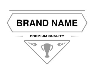 Vector line label. Triangle frame for Brand name with text premium quality and symbol of winning cup.