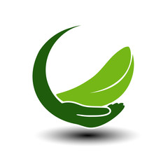 Vector symbol of green energy.  Circular natural element with leaf and hand. Nature icon.