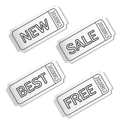 Vector white coupon with text Sale, New, Best, Free. Advertising label for business offer.
