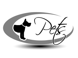 Vector black oval label with symbol of dog and with text Pets.