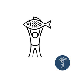 Fisherman icon. Happy man with big fish black linear style logo.