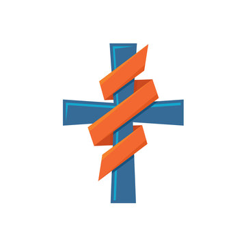 Religion cross with decorative ribbon around colorful logo
