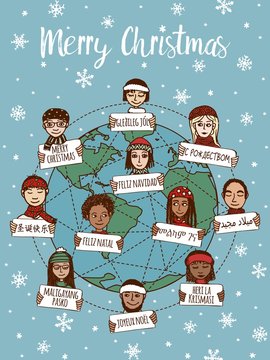 Christmas around the world - hand drawn doodle faces with Merry Christmas signs in different languages