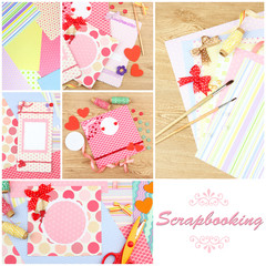 Scrapbooking collage. Handmade greeting card. Hobby and handicraft concept.