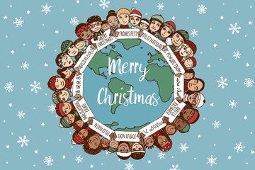 Christmas around the world - hand drawn doodle families with Merry Christmas signs in different languages