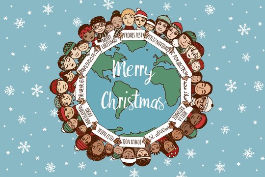 Christmas around the world - hand drawn doodle families with Merry Christmas signs in different languages