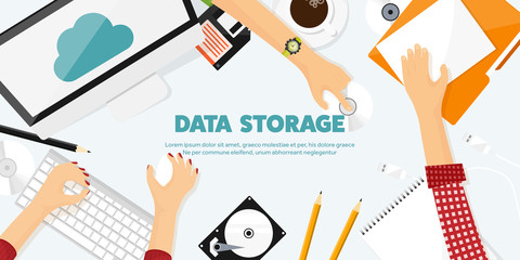 Vector illustration. Workplace, table with documents, computer. Flat cloud computing background. Media, data server. Web storage.CD. Paper blank. Digital technologies. Internet connection.
