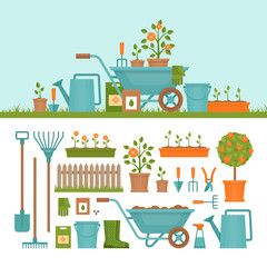 Concept of gardening. Garden tools.  Banner with summer garden landscape. Flat style, vector illustration.