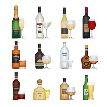 Set of alcohol bottle with glasses. Alcohol drinks and beverages. Flat design style, vector illustration.