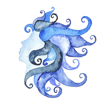 Mermaid Head Nautical Watercolor Illustration Hand-painted Isolated Sea Element Navy Blue Ocean
