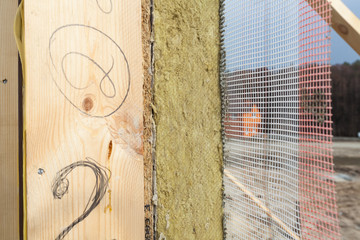 Closeup of  structural Insulated Panels with mineral rockwool  insulation and Drywall