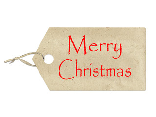 Merry Christmas written on a brown paper label on white background