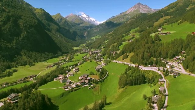 Aerial footage of scenic Heiligenblut valley in Hohe Tauern range of the European Alps at the foot of the Grossglockner