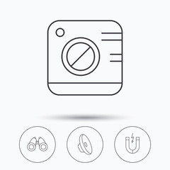 Photo camera, magnet and sound icons.