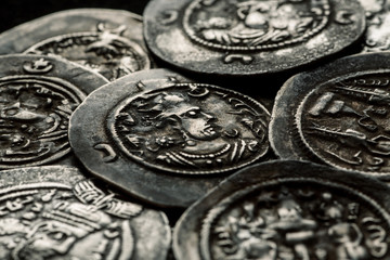 Ancient silver Sassanian coins closeup shot