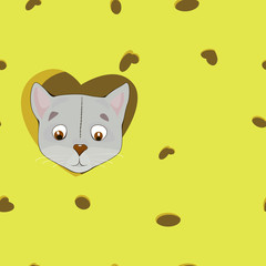 Cartoon grey cat in the heart on cheese background.