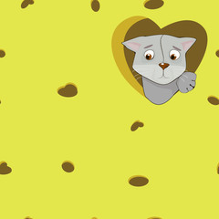 Cartoon grey cat in the heart on cheese background.