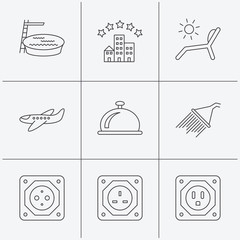 Hotel, swimming pool and beach deck chair icons.