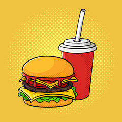 Vector hand drawn pop art illustration of hamburger and soda cup