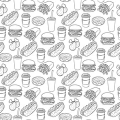 Vector hand drawn pop art monochrome fast food pattern.