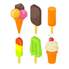 Isometric style 3d vector set of tasty colorful ice cream icon.