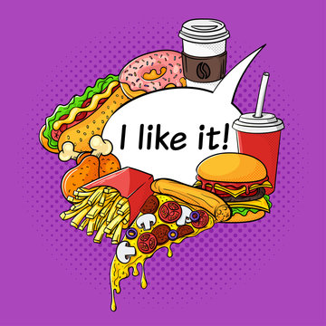 Vector hand drawn pop art set of fast food with speech bubble 
