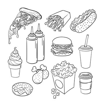 Vector hand drawn pop art monochrome set of fast food.