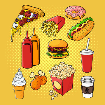 Vector Hand Drawn Pop Art Set Of Fast Food.
