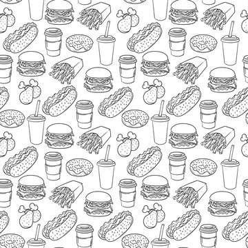 Vector hand drawn pop art monochrome fast food pattern.