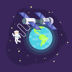 Vector flat style illustration of space station and astronaut