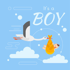 Vector flat style illustration of stork caring a newborn baby 