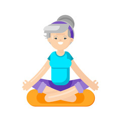 Vector flat style illustration of senior woman doing yoga.