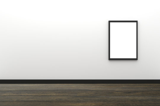 3D Rendering : illustration of blank black photo frame hanging on white wall interior with wooden floor,clipping path inside frame included,for your image advertising