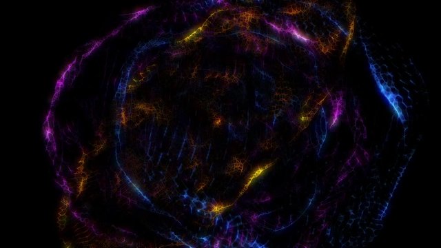 A looping animation of abstract blue,magenta and amber glowing nucleus loop over black background.