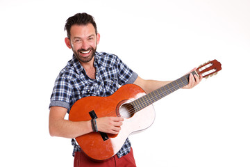 Excited mature man playing guitar