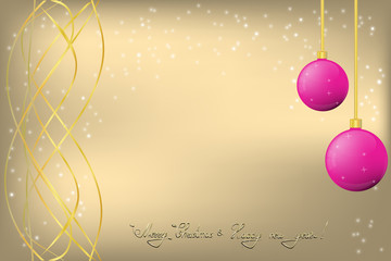 Golden Christmas and New Year Greeting card with pink Chrismas