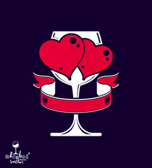 Vector art illustration of wineglass with two loving hearts –