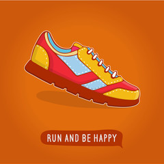 Vector icon shoes for training. Running shoe sticker, kids sneaker isolated on orange background. 